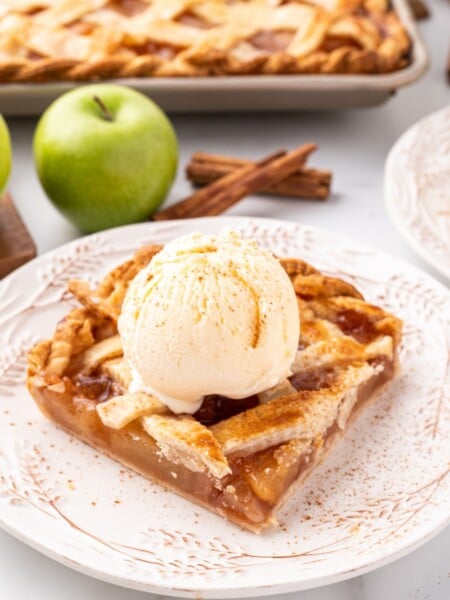 Sheet Pan Apple Slab Pie on a plate with ice cream
