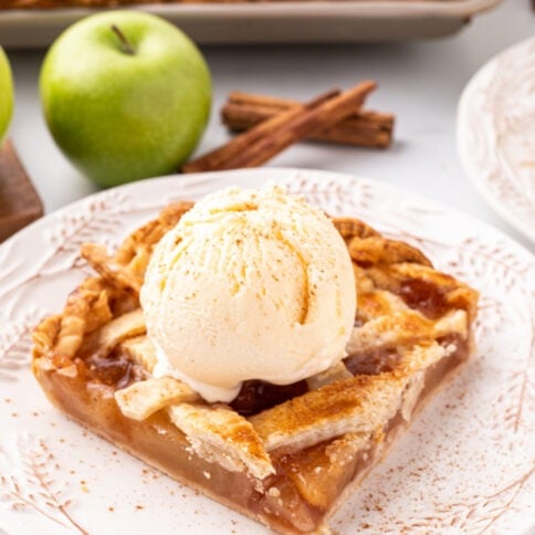 Sheet Pan Apple Slab Pie on a plate with ice cream