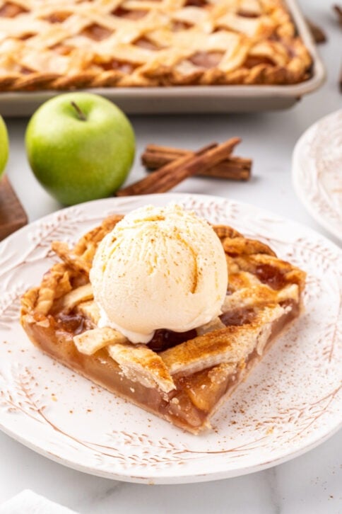 Sheet Pan Apple Slab Pie on a plate with ice cream