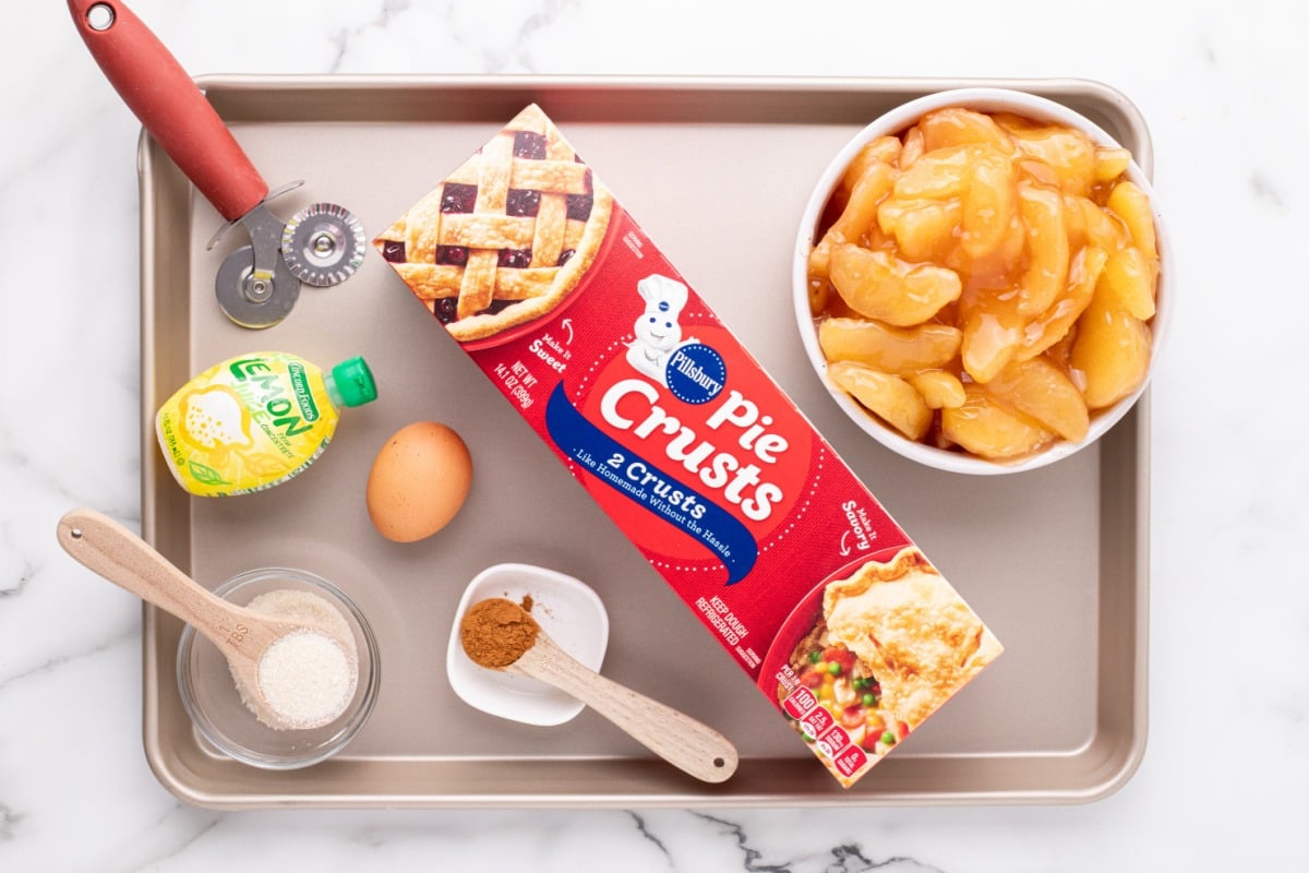 Sheet Pan Apple Slab Pie ingredients on a baking sheet