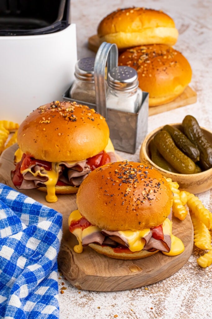 Air Fryer Copycat Arbys Beef Sandwiches on a platter