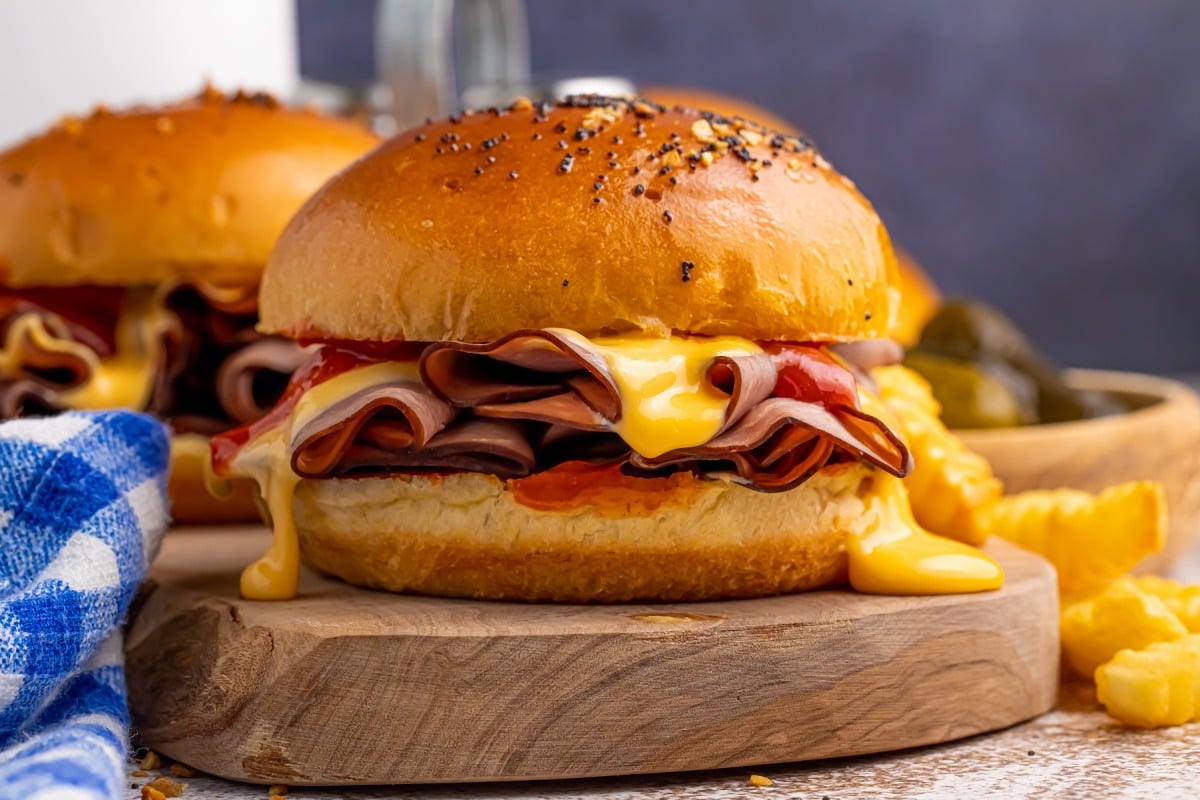 Air Fryer Copycat Arbys Beef Sandwiches on a platter