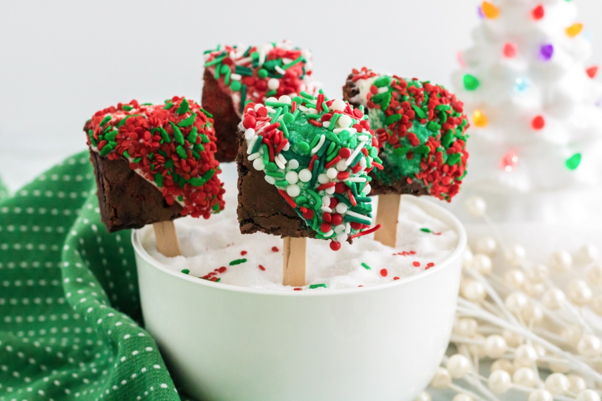 Christmas Brownie Pops in a bowl
