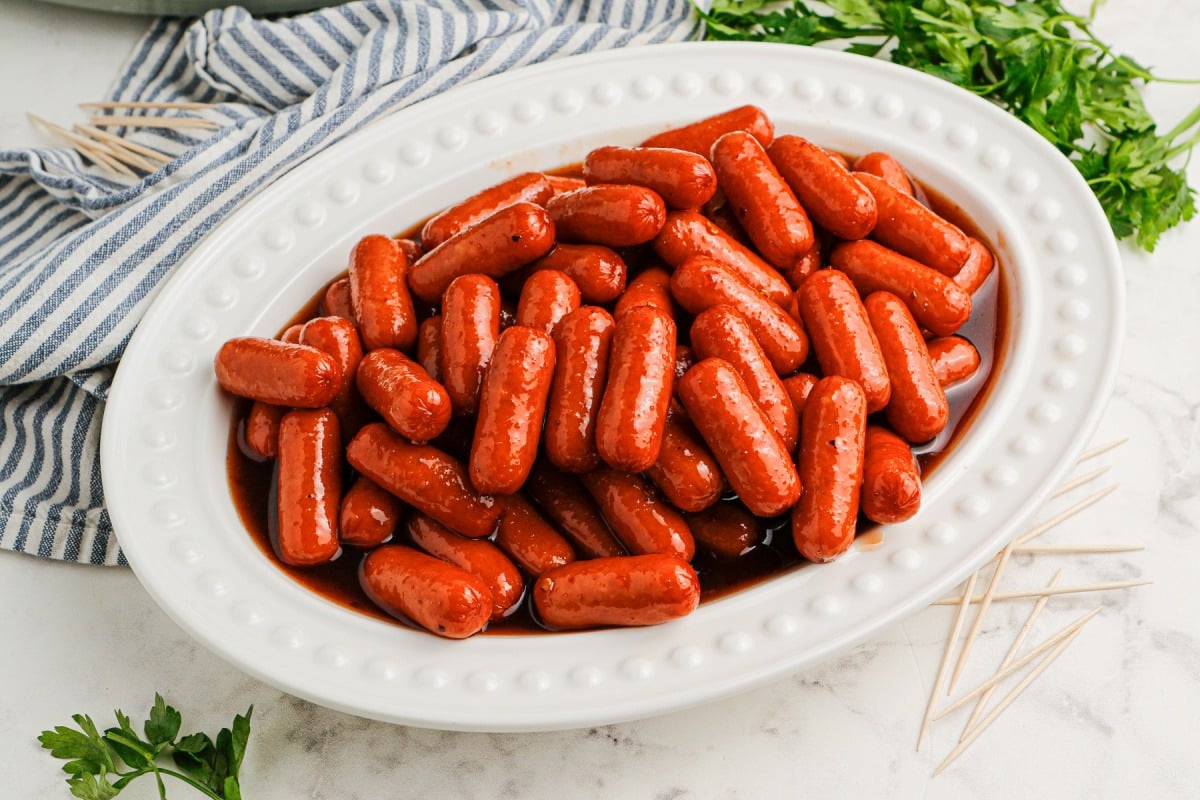 Slow Cooker Spicy Sweet BBQ Lil Smokies on a plate