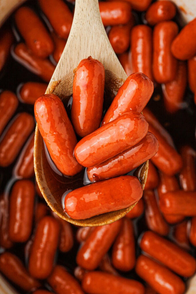 Slow Cooker Spicy Sweet BBQ Lil Smokies in a slow cooker