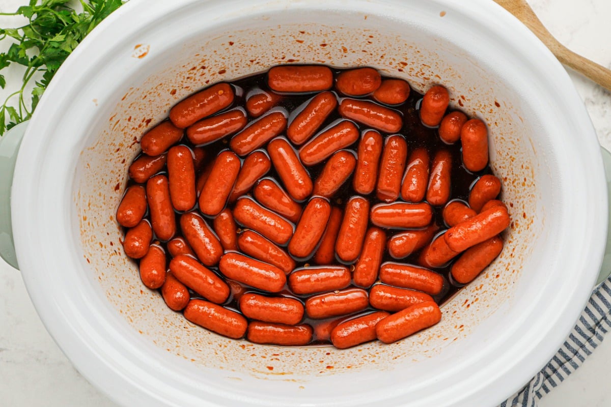 Slow Cooker Spicy Sweet BBQ Lil Smokies in a slow cooker