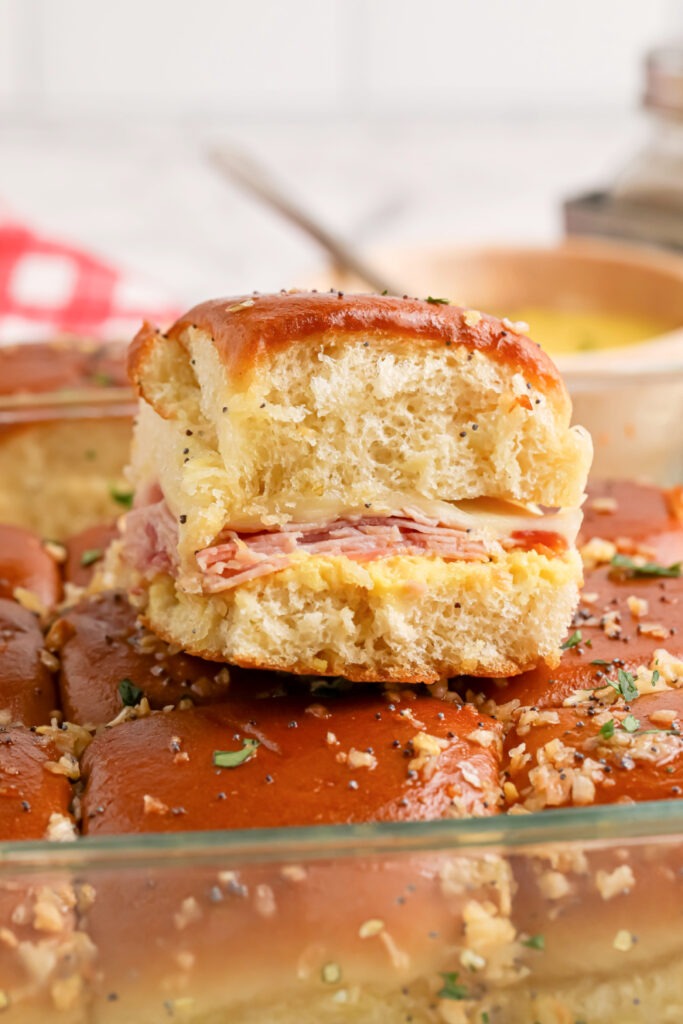 Honey Mustard Ham and Cheese Sliders in a baking dish