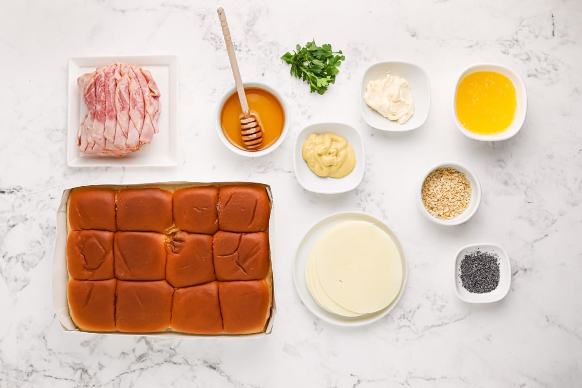 ingredients for Honey Mustard Ham and Cheese Sliders