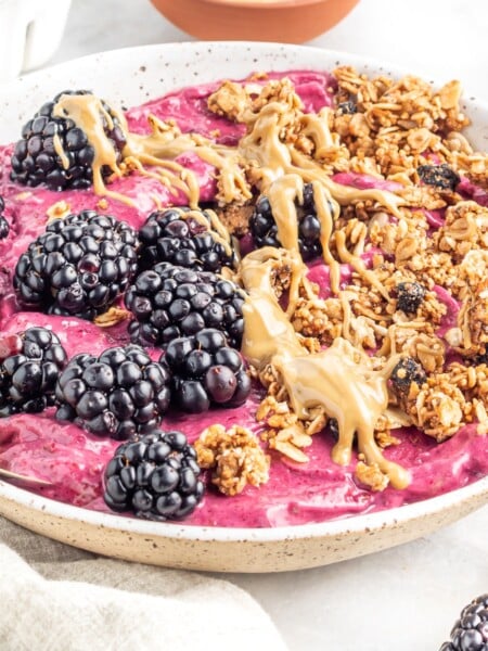 Blackberry Granola Smoothie Bowl in a white bowl