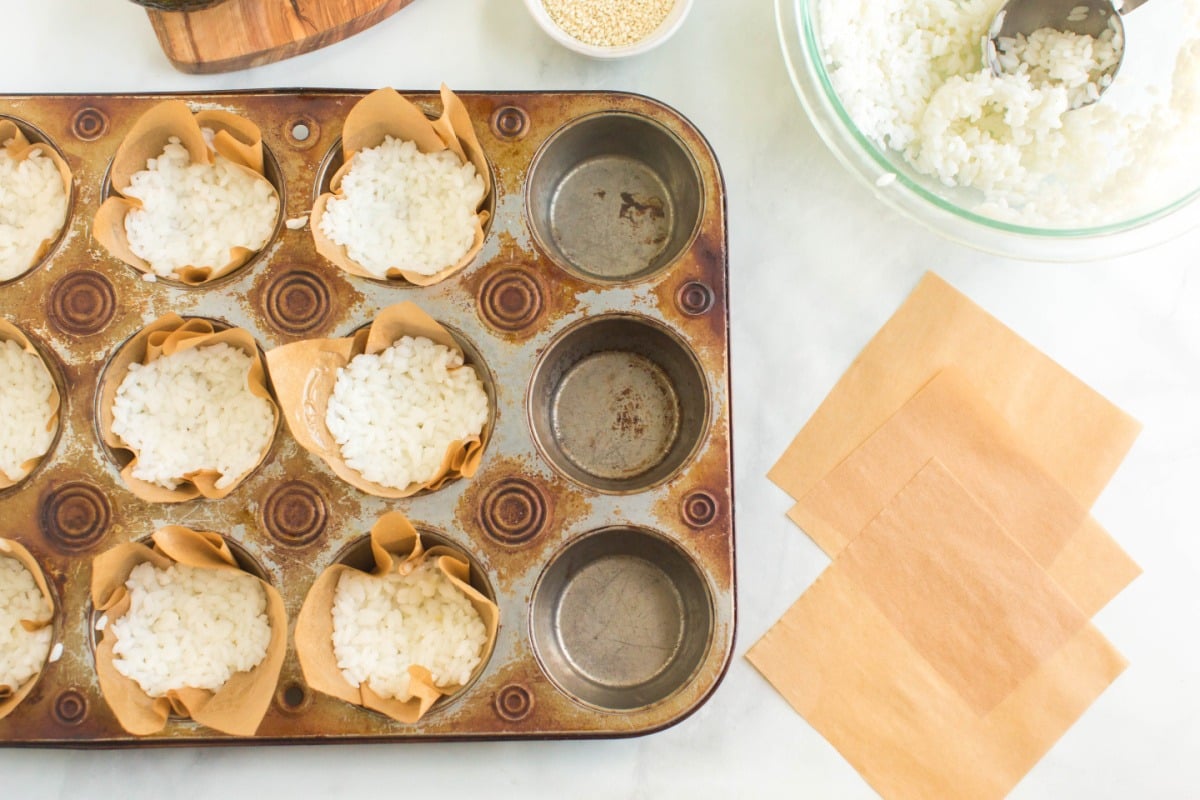 rice stuff placed into muffin tins