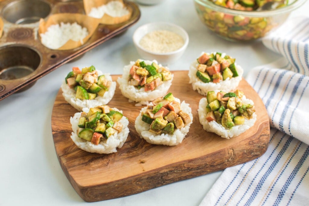 California Roll Sushi Cups on a board