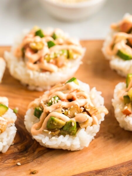 California Roll Sushi Cups on a cutting board