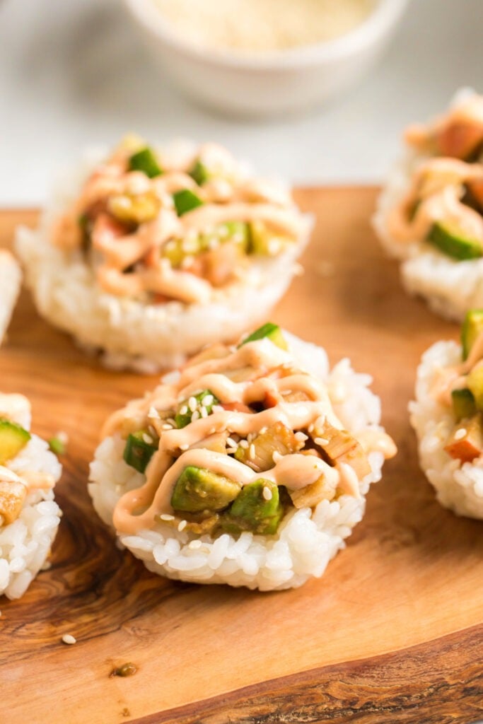 California Roll Sushi Cups on a cutting board