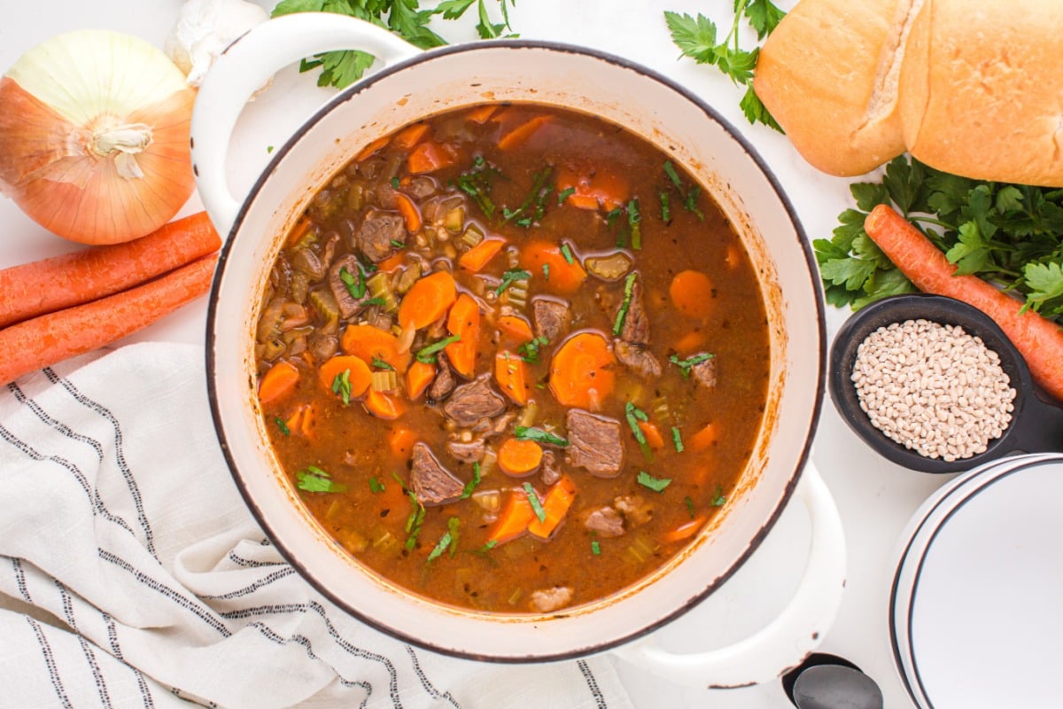 beef barley stew in pot