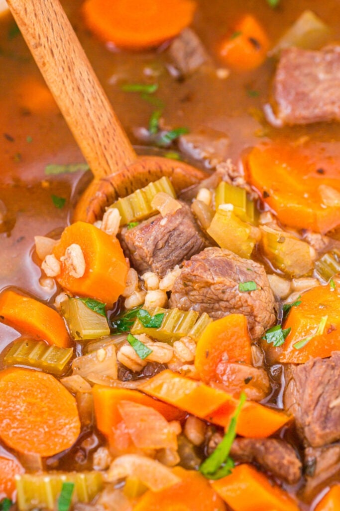 Hearty Whinge Barley Soup in a pot