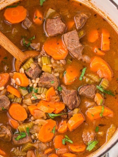 Hearty Beef Barley Soup in a pot