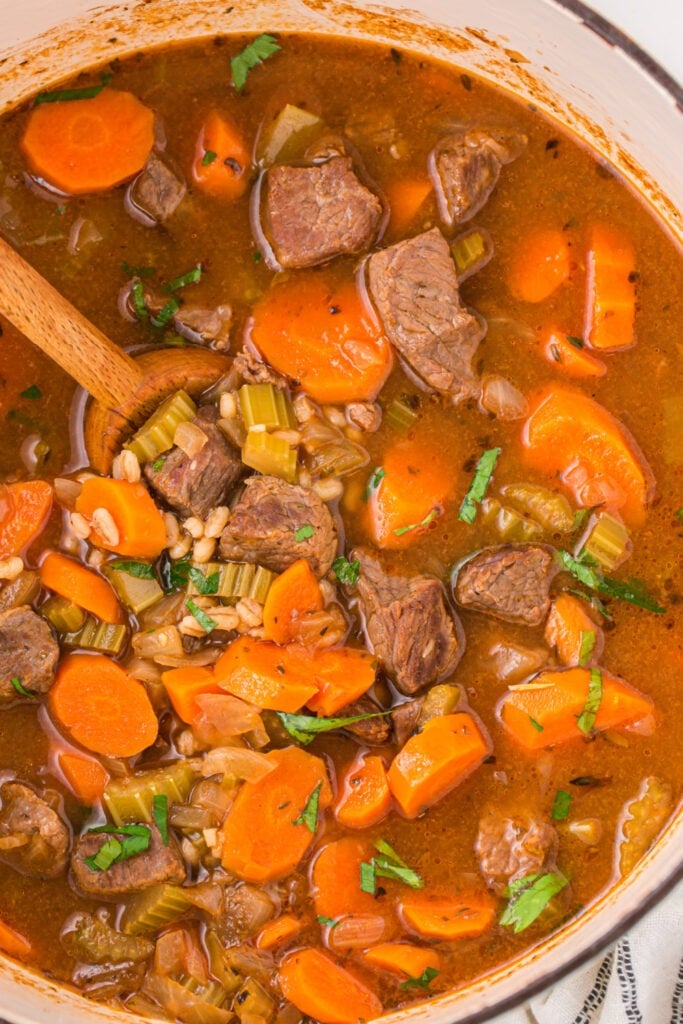 Hearty Beef Barley Soup in a pot