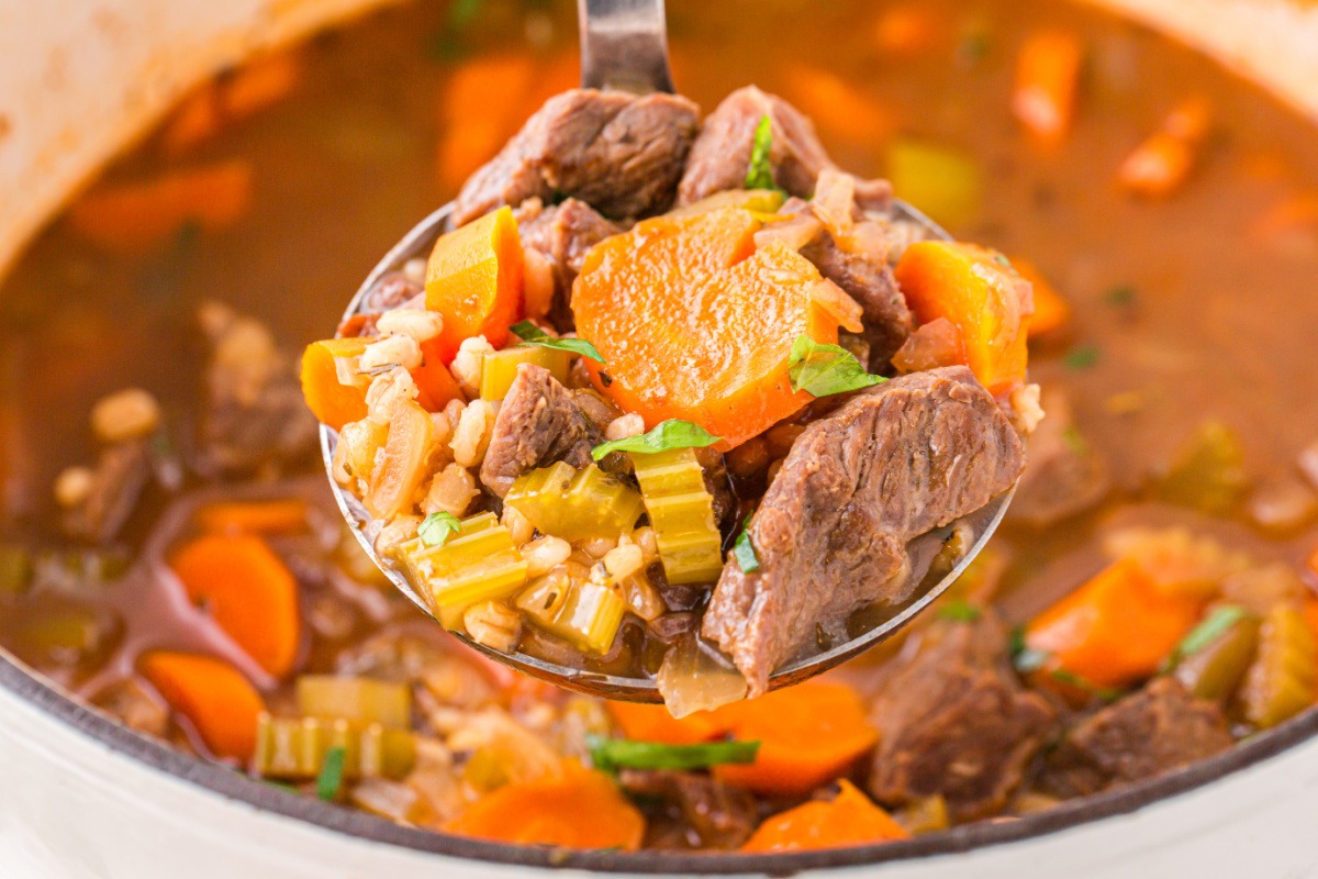Hearty Beef Barley Soup in a pot