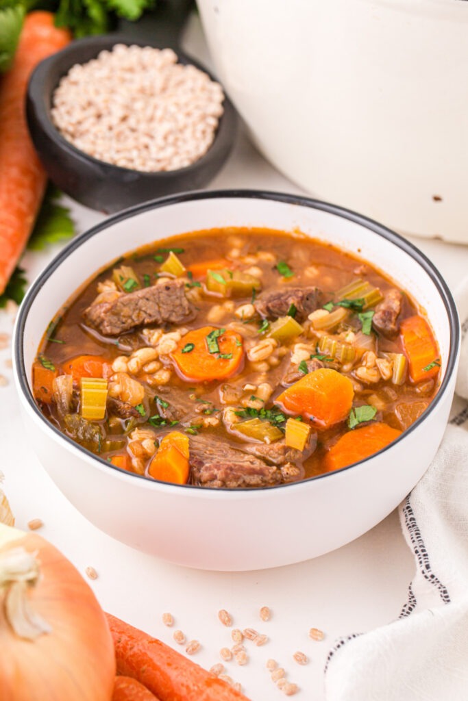 Hearty Beef Barley Soup in a bowl