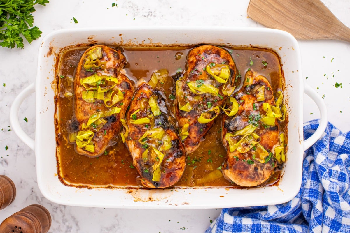 Oven baked mississippi chicken in a baking dish