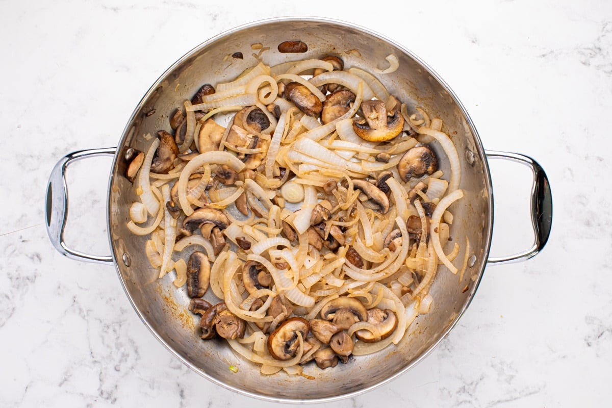 onions and mushrooms in a pan