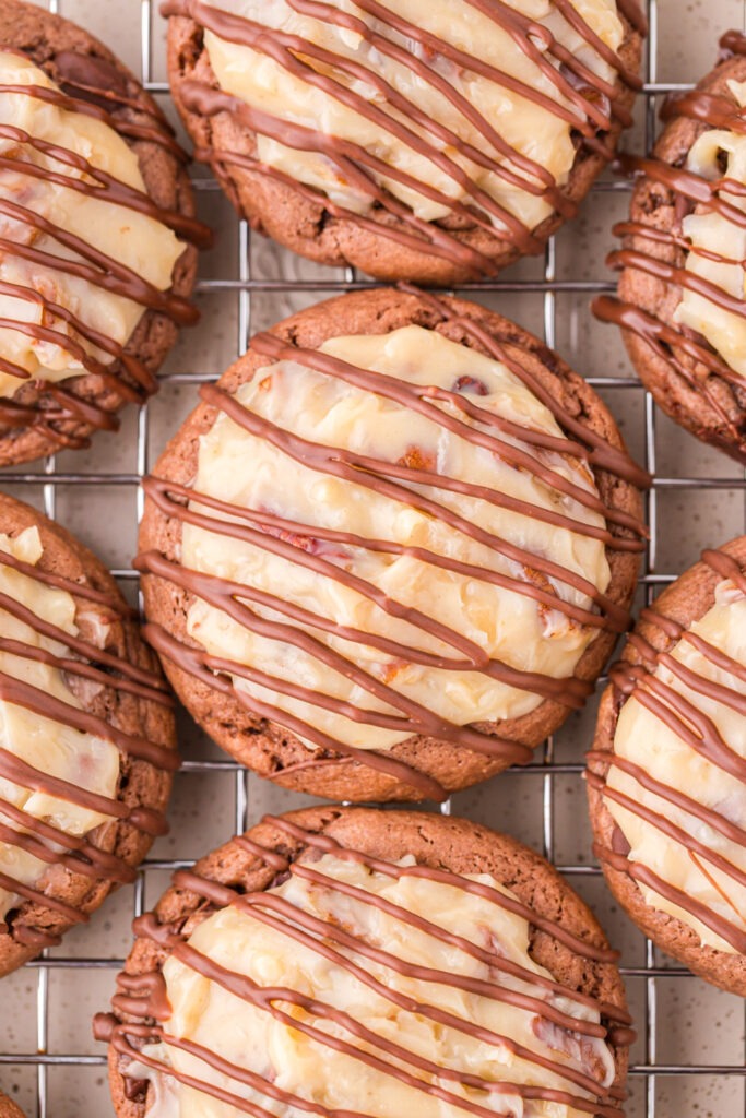 German Chocolate Cake Cookies on a drying rack