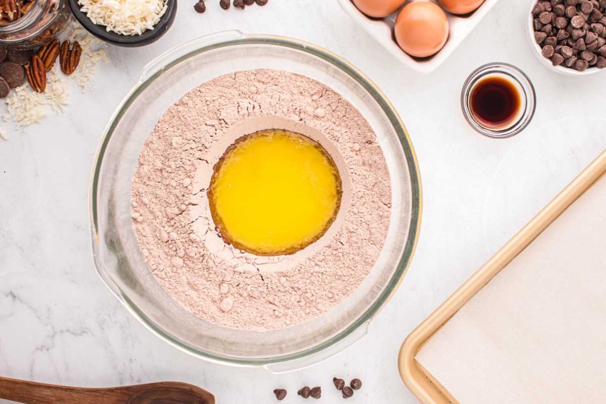 cake mix and melted butter in a mixing bowl