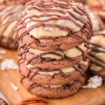 German Chocolate Confection Cookies stacked on a board