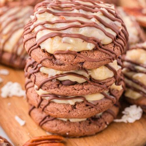 German Chocolate Cake Cookies stacked on a board