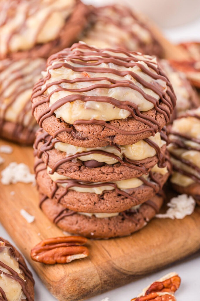 German Chocolate Cake Cookies stacked on a board