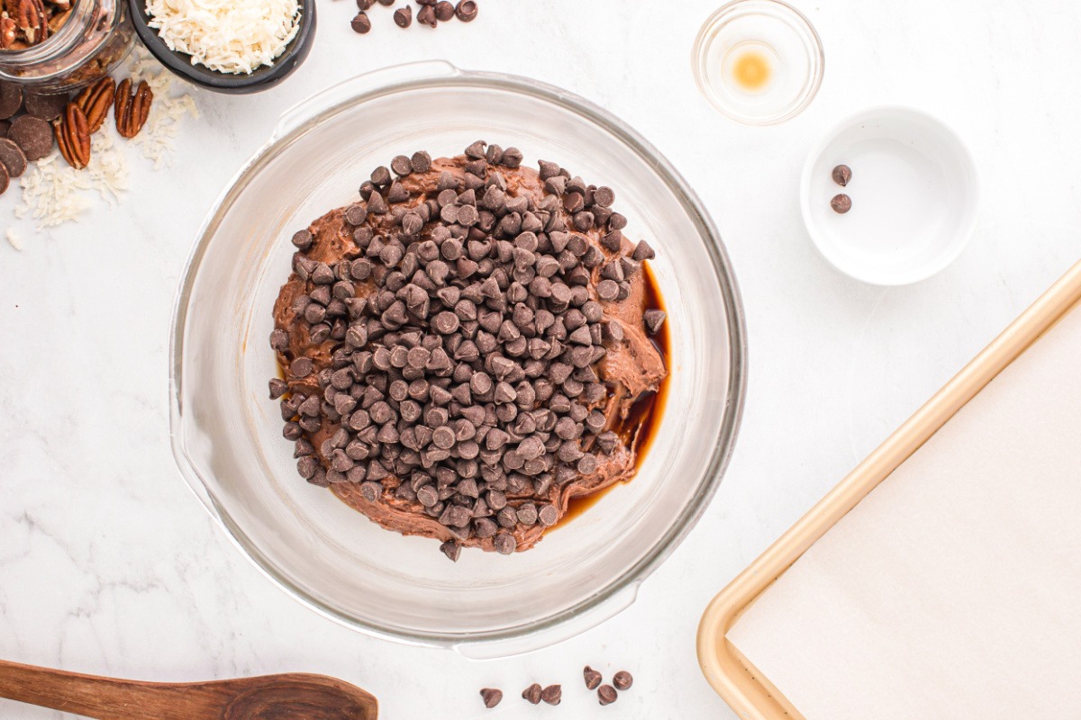 Chocolate chips added to bowl