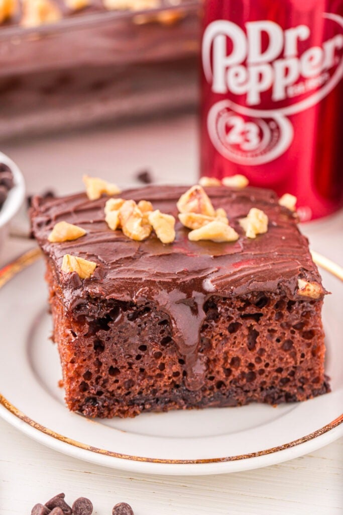 piece of dr. pepper cake on a plate