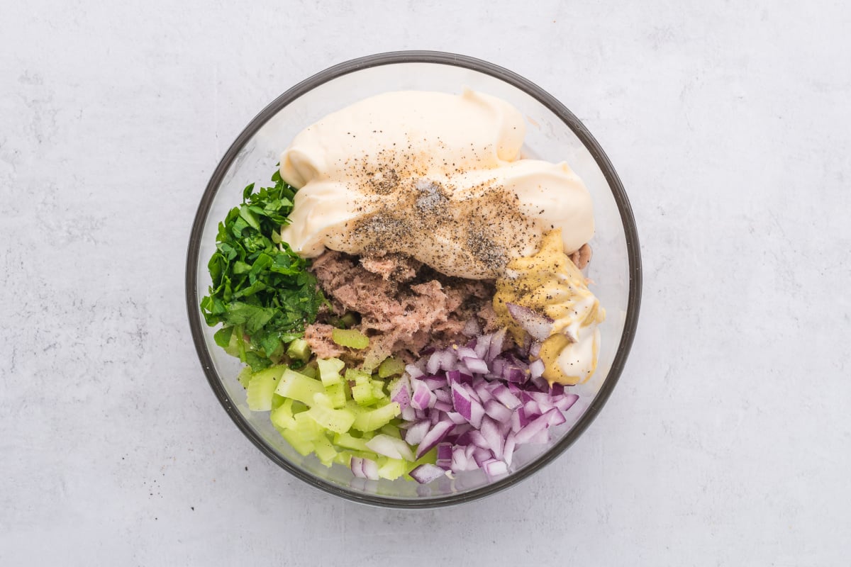 tuna salad ingredients in a bowl