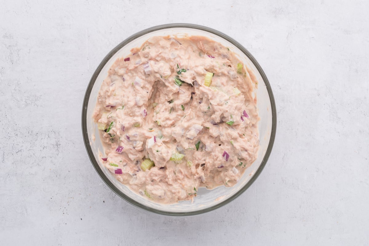 tuna salad mixed in a bowl