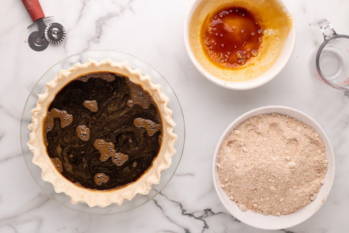 molasses mixture poured into pie dish