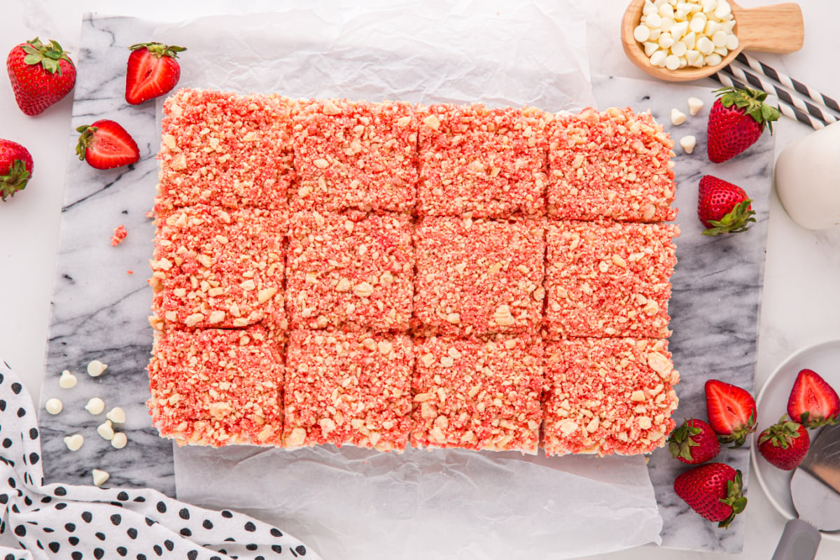 Strawberry Crunch Brownies cut into squares