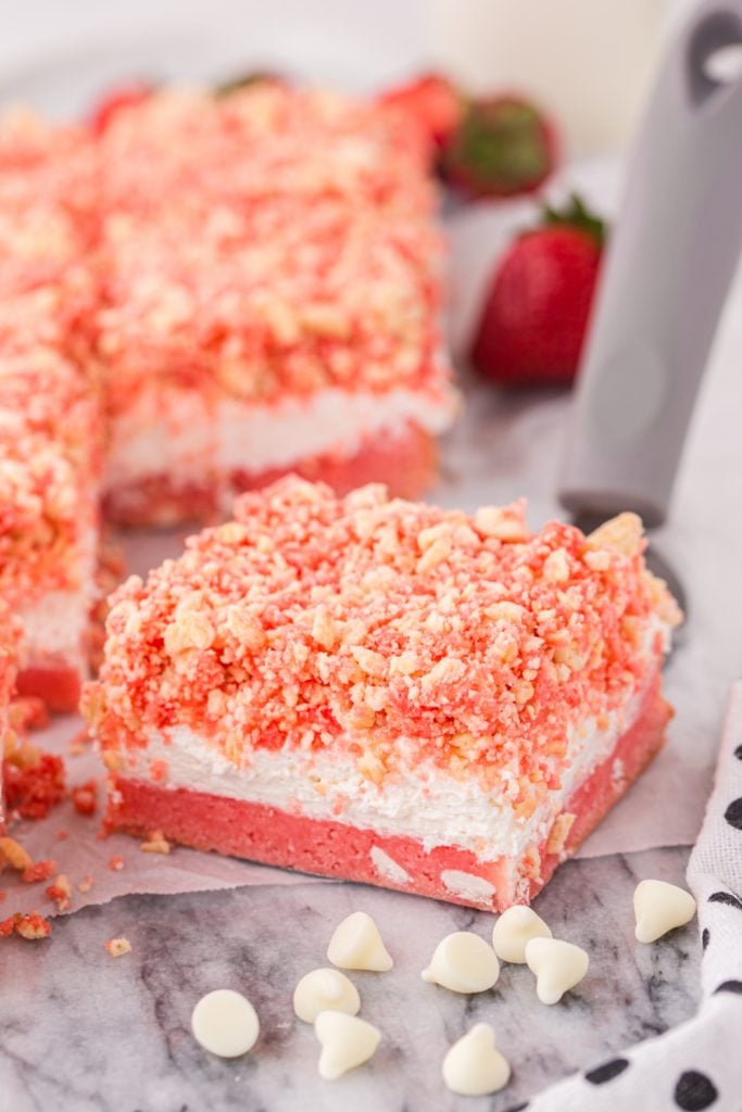 Strawberry Crunch Brownies on parchment paper