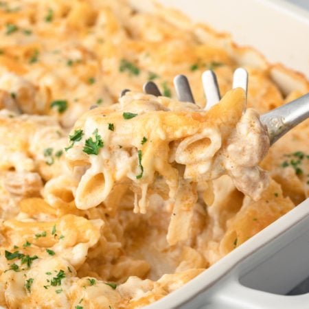 Creamy Chicken Pasta Casserole in baking dish