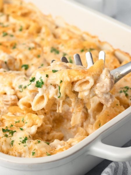 Creamy Chicken Pasta Casserole in baking dish