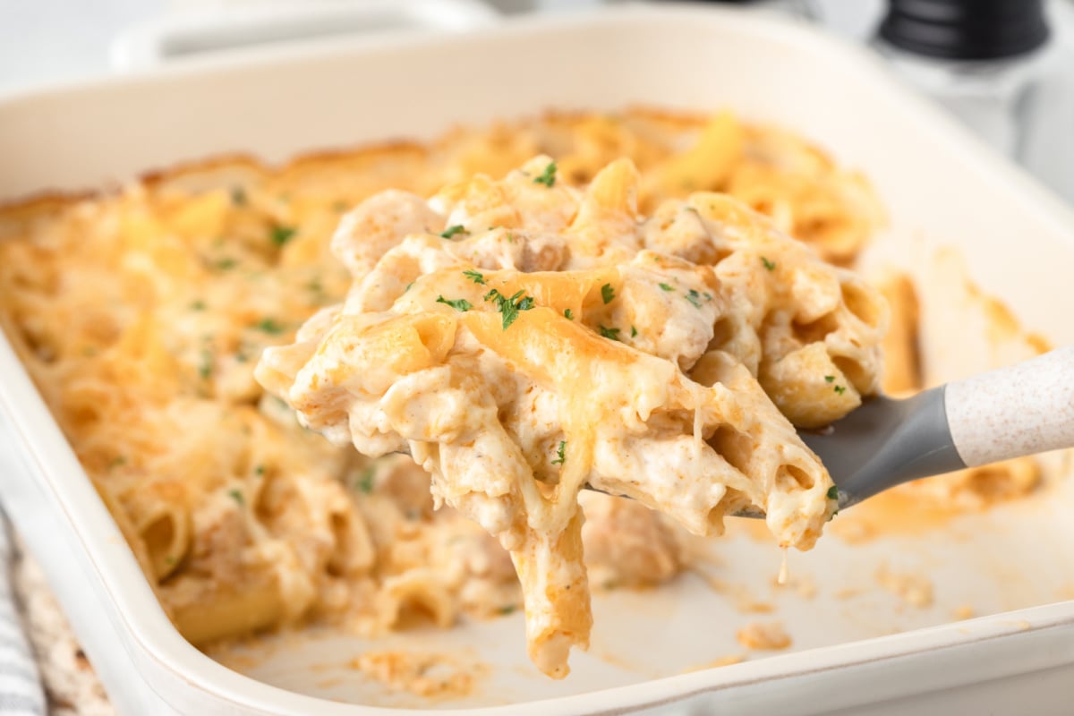 Creamy Chicken Pasta Casserole in a baking dish