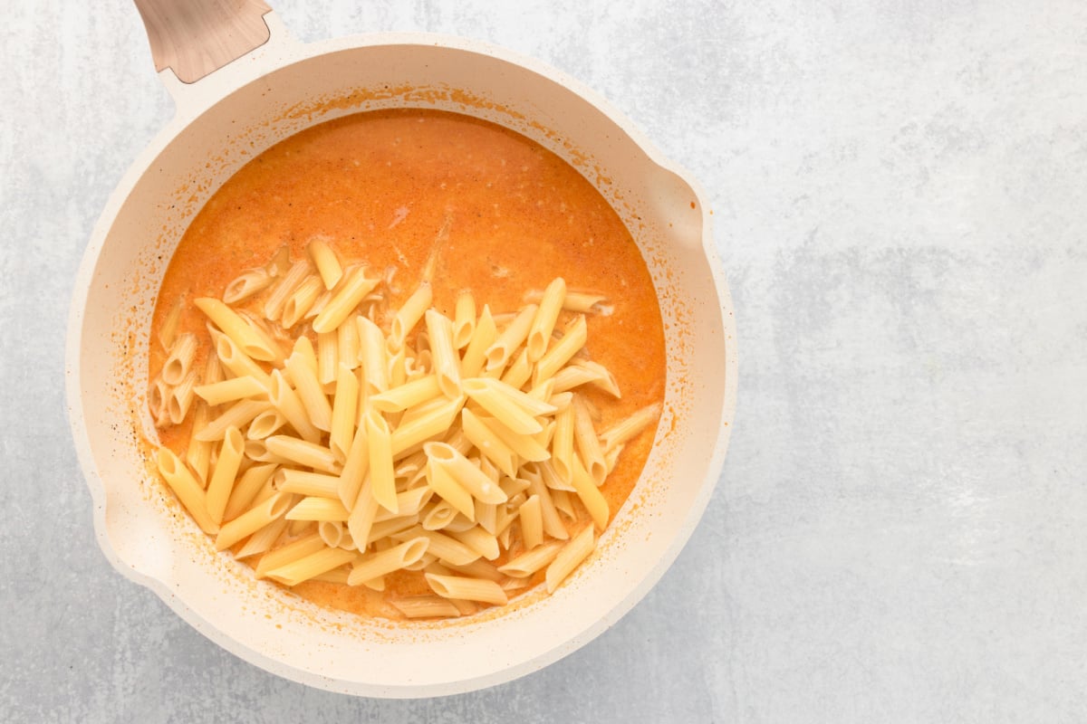 pasta added to pan