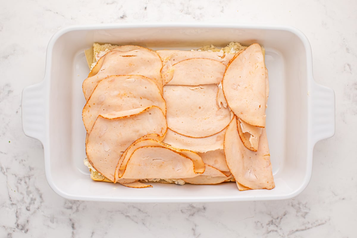 chicken slices added to top of creamy mixture