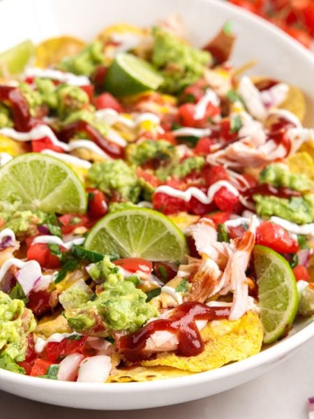 Loaded BBQ Chicken Nachos on a platter