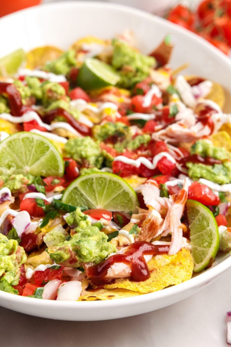 Loaded BBQ Chicken Nachos on a platter
