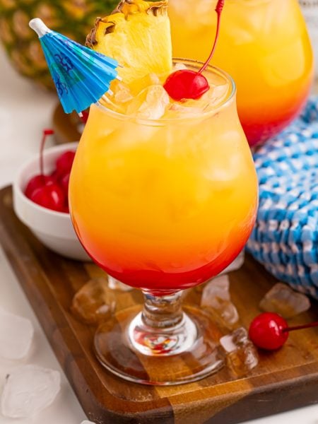 Malibu Sunset Cocktails in glasses on a serving platter