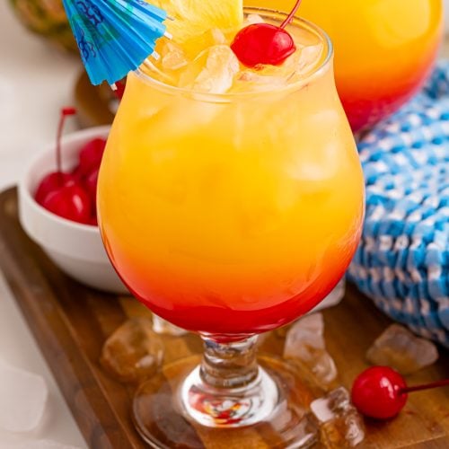 Malibu Sunset Cocktails in glasses on a serving platter