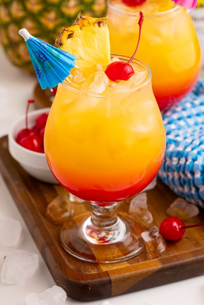 Malibu Sunset Cocktails in glasses on a serving platter