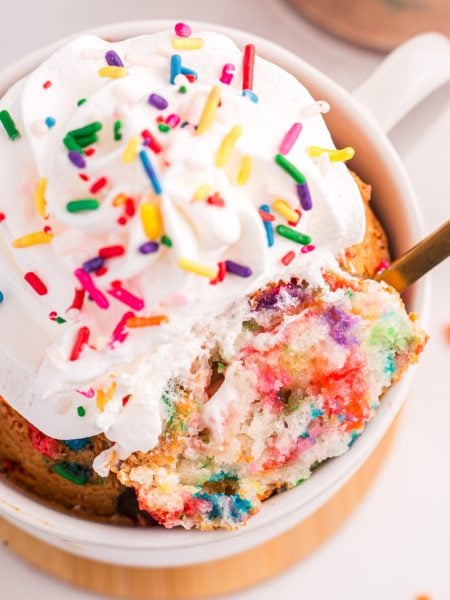 Air Fryer Funfetti Mug Cake in a coffee mug