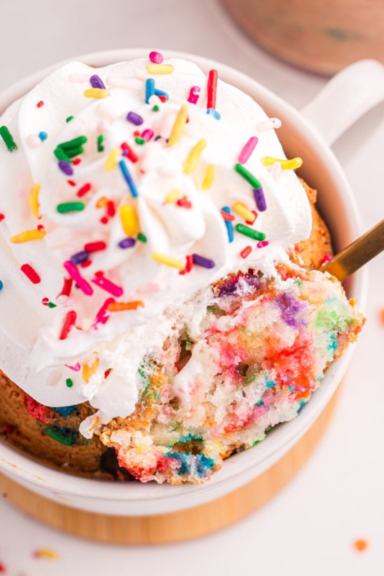 Air Fryer Funfetti Mug Cake in a coffee mug