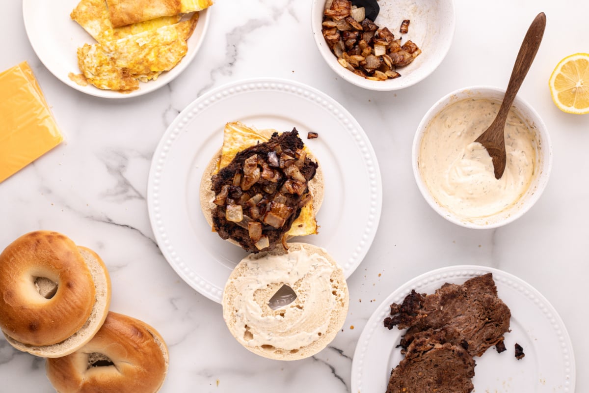 steak and mushrooms added to sandwich